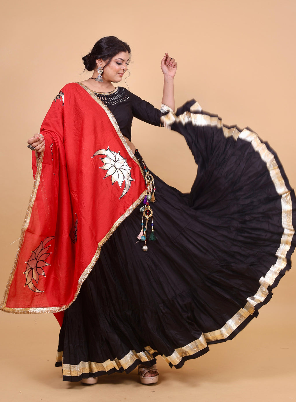 Black & Red Cotton Silk Lehenga Set with Mirror Lotus Embroidery