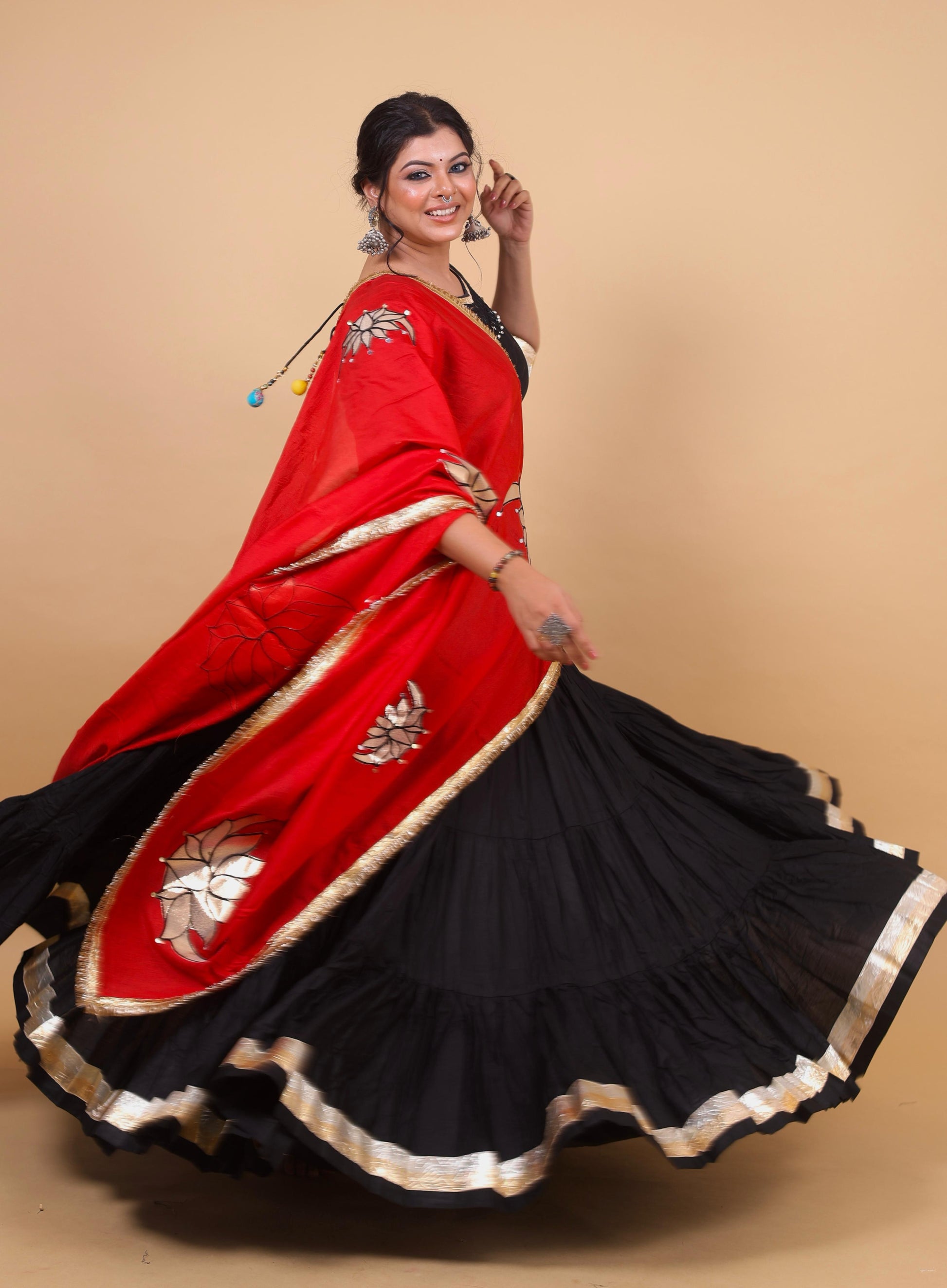 Black & Red Cotton Silk Lehenga Set with Mirror Lotus Embroidery