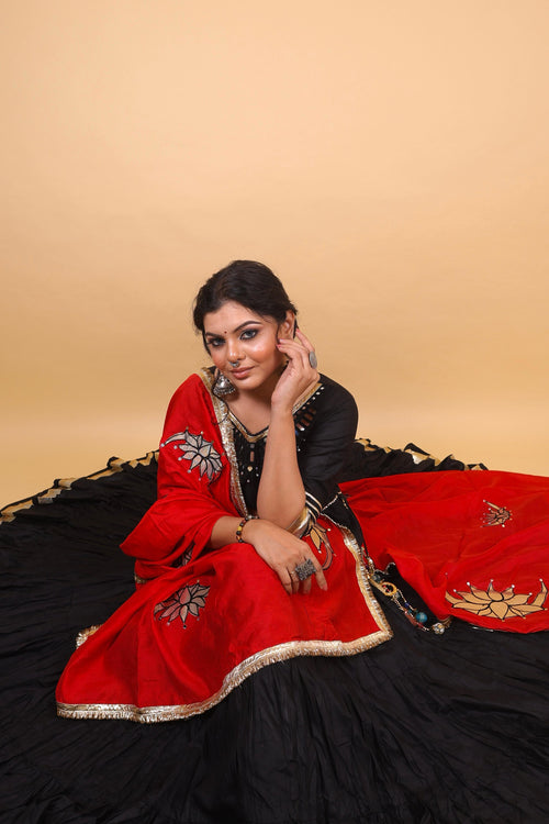 Black & Red Cotton Silk Lehenga Set with Mirror Lotus Embroidery