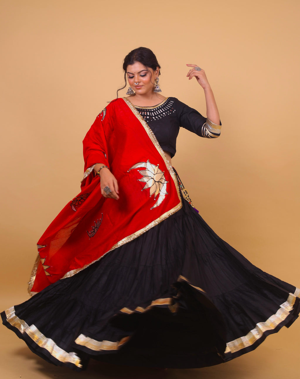 Black & Red Cotton Silk Lehenga Set with Mirror Lotus Embroidery