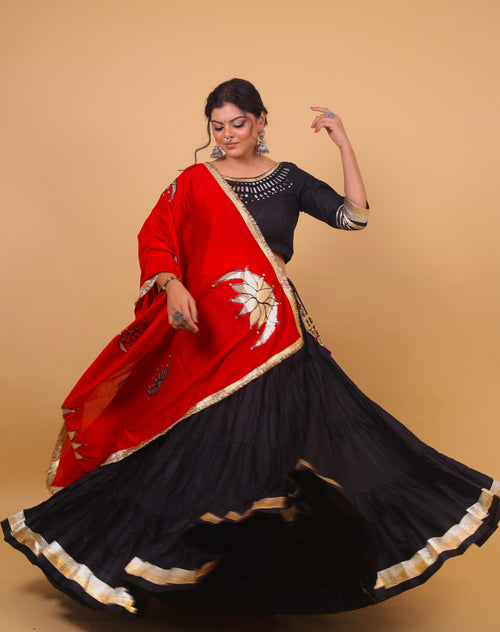 Black & Red Cotton Silk Lehenga Set with Mirror Lotus Embroidery