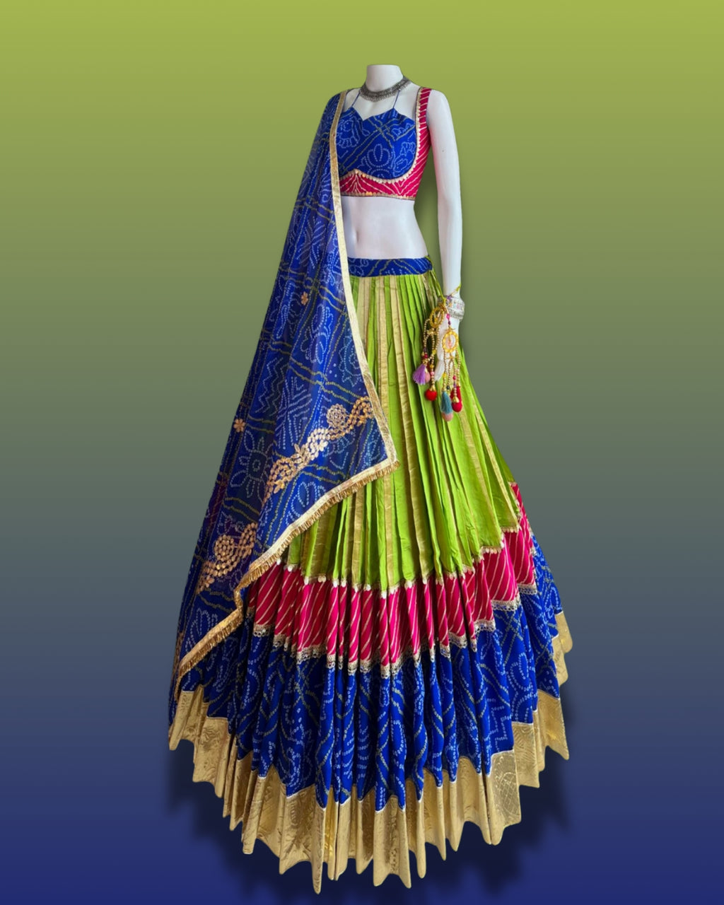 Blue and Green Gujarati Navratri Chaniya Choli with Bandhani Print and Golden Border