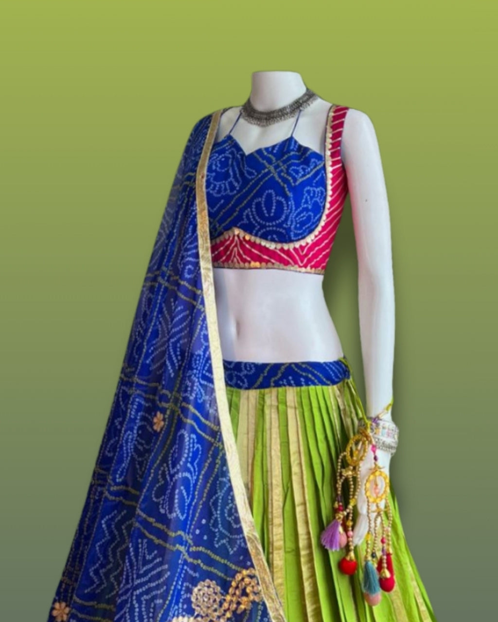Blue and Green Gujarati Navratri Chaniya Choli with Bandhani Print and Golden Border