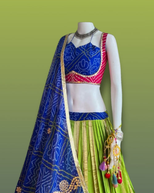 Blue and Green Gujarati Navratri Chaniya Choli with Bandhani Print and Golden Border