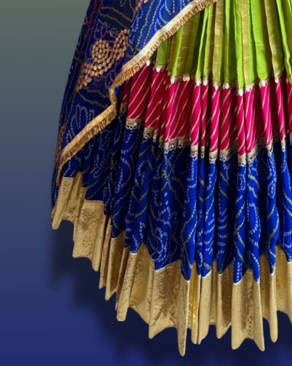 Blue and Green Gujarati Navratri Chaniya Choli with Bandhani Print and Golden Border