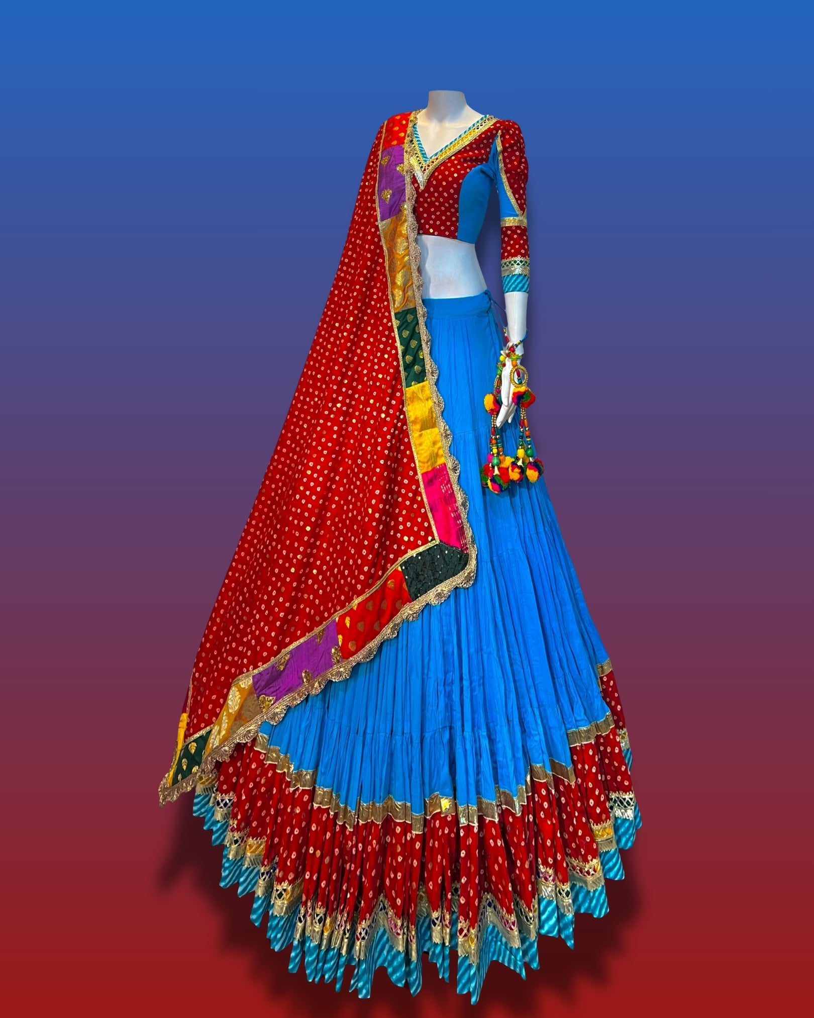 Blue and Red Gujarati Navratri Chaniya Choli with Bandhani Print and Multicolor Patch Border