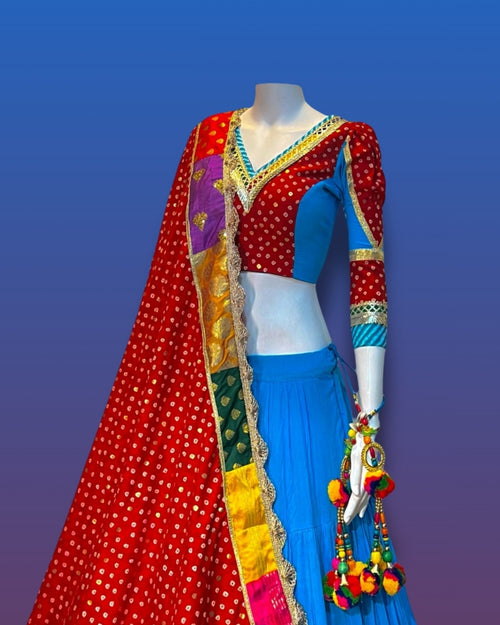 Blue and Red Gujarati Navratri Chaniya Choli with Bandhani Print and Multicolor Patch Border