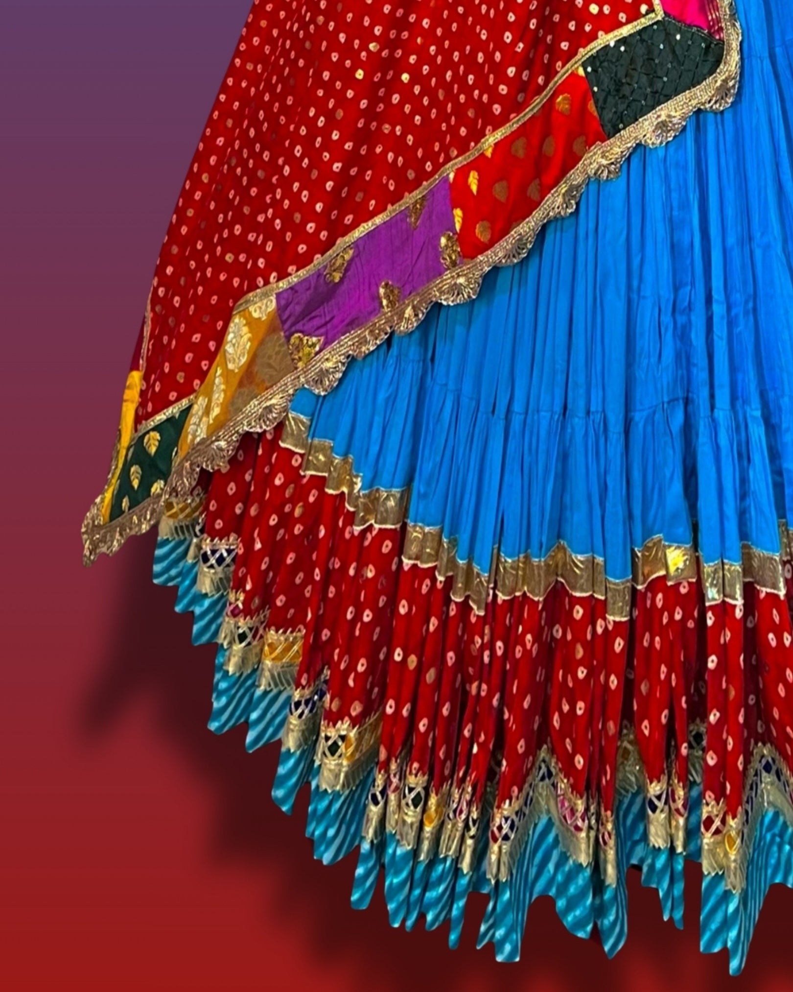 Blue and Red Gujarati Navratri Chaniya Choli with Bandhani Print and Multicolor Patch Border
