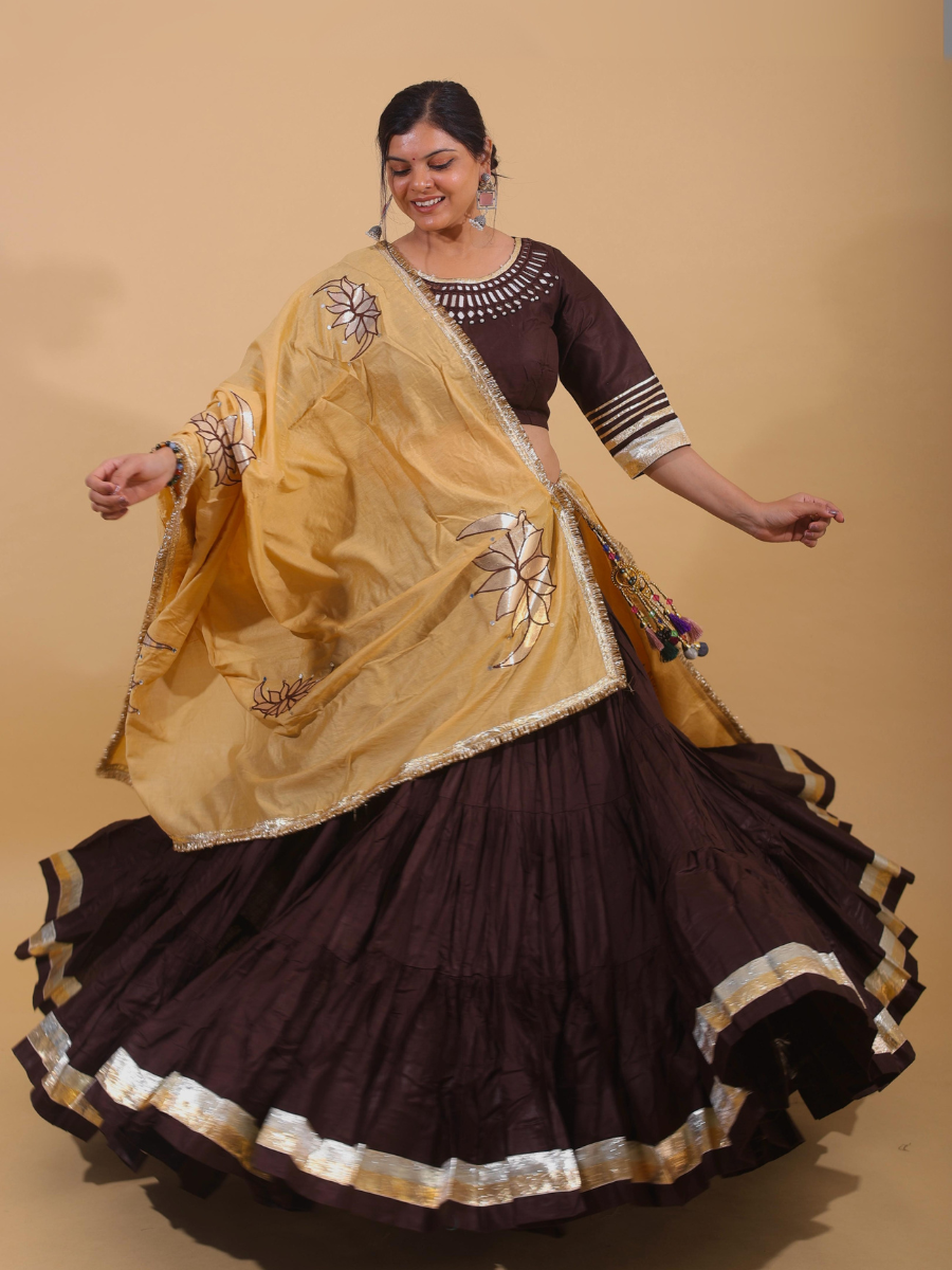 Chocolate Brown & Yellow Lehenga Set with Mirror Lotus Embroidery