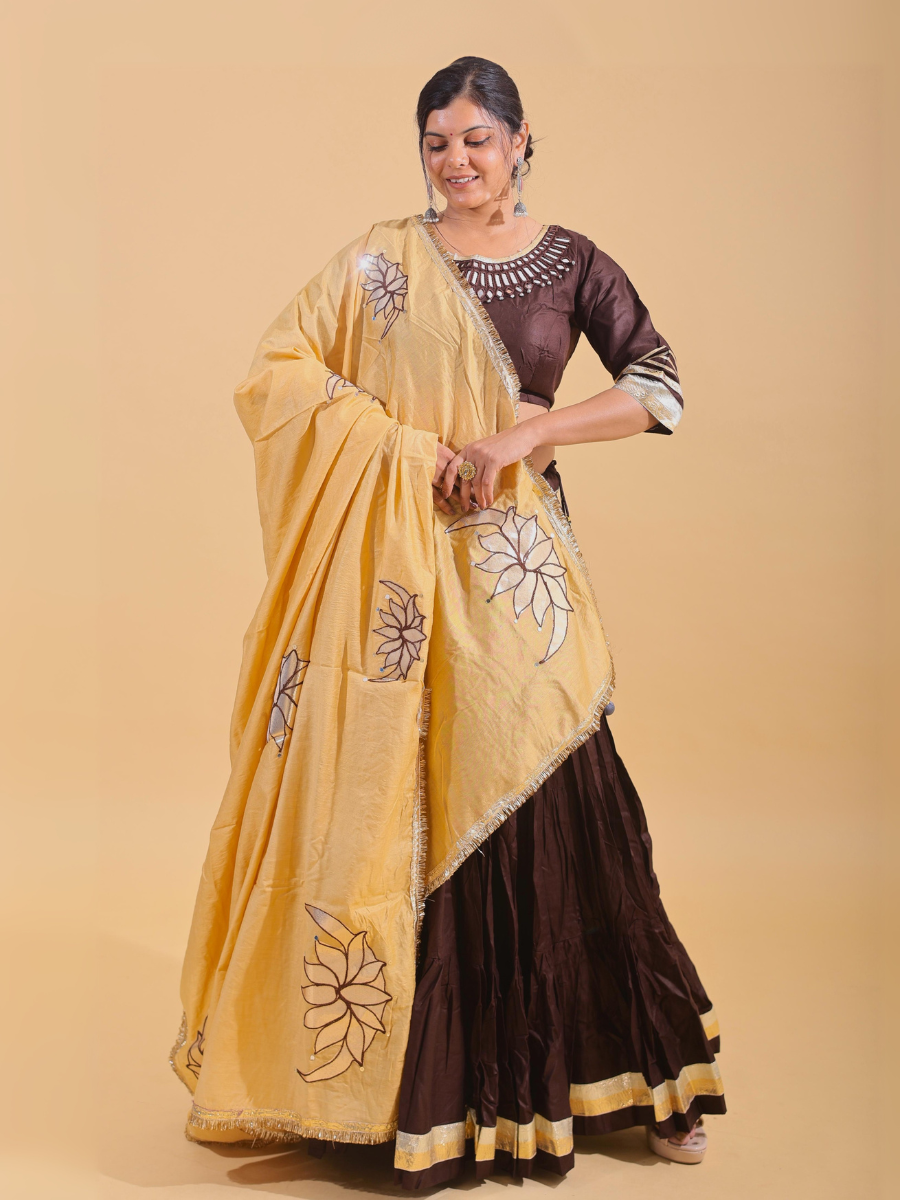 Chocolate Brown & Yellow Lehenga Set with Mirror Lotus Embroidery