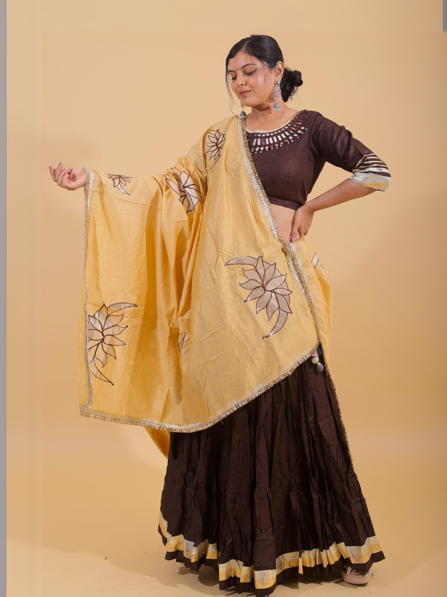 Chocolate Brown & Yellow Lehenga Set with Mirror Lotus Embroidery