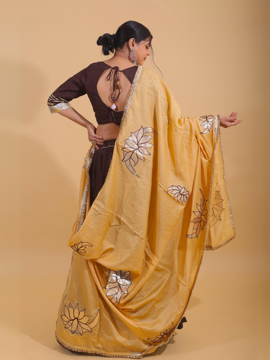 Chocolate Brown & Yellow Lehenga Set with Mirror Lotus Embroidery