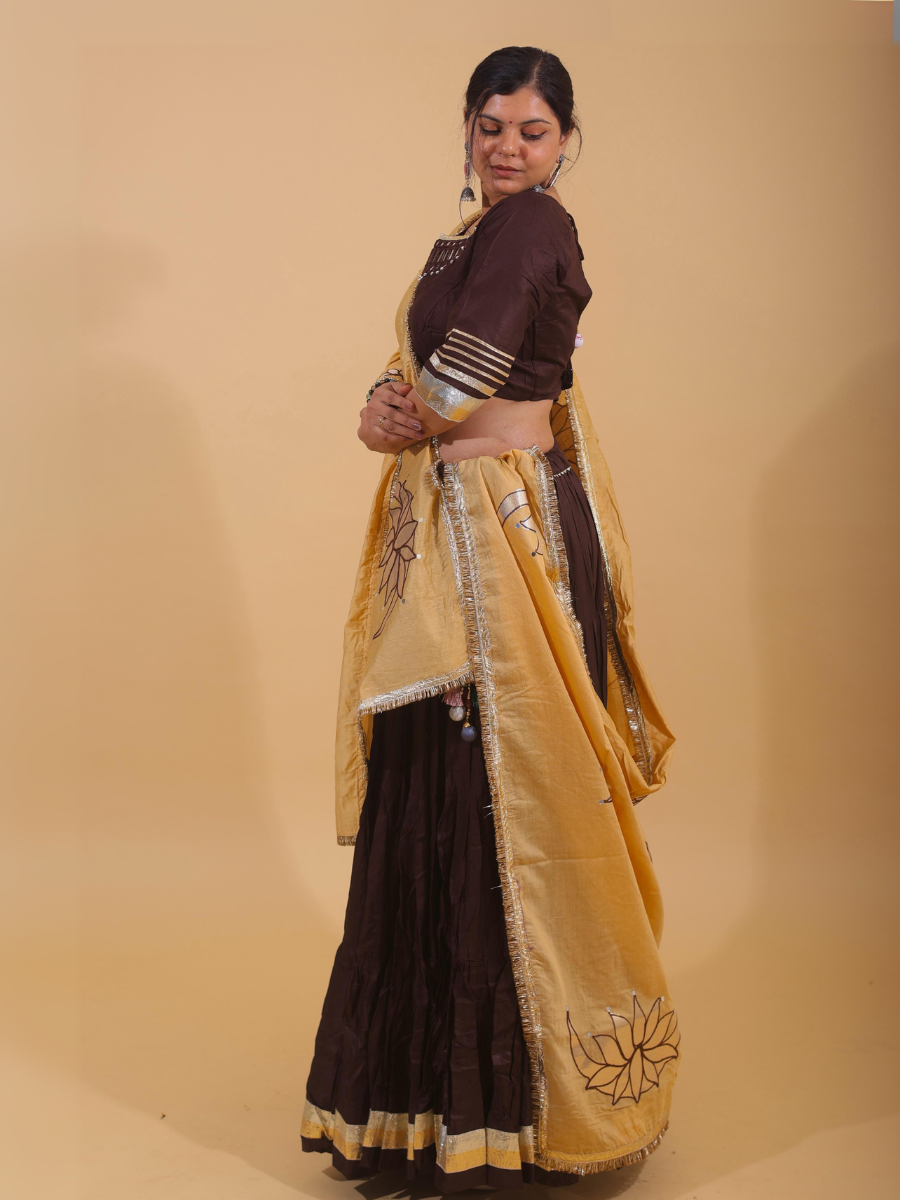 Chocolate Brown & Yellow Lehenga Set with Mirror Lotus Embroidery