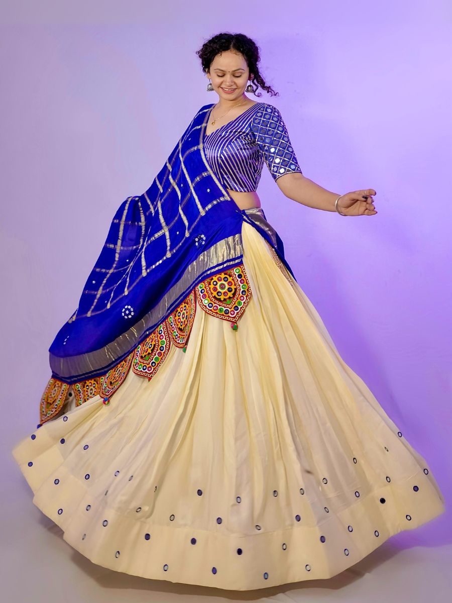 Cream Lehenga with Mirror Border & Royal Blue Mirror Work Blouse