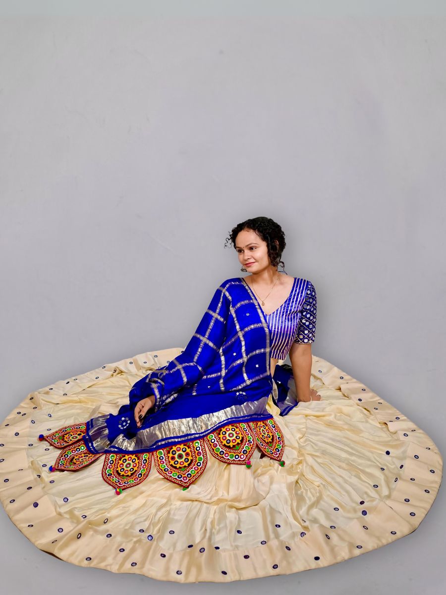 Cream Lehenga with Mirror Border & Royal Blue Mirror Work Blouse