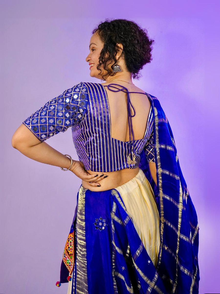 Cream Lehenga with Mirror Border & Royal Blue Mirror Work Blouse