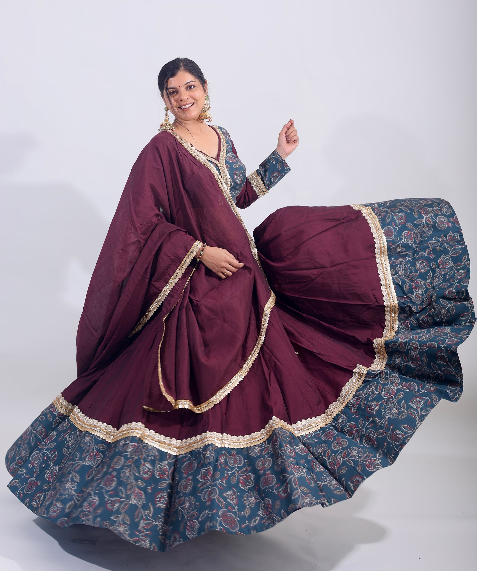 Elegance in Teal & Maroon Embroidered Cotton Silk Lehenga Set