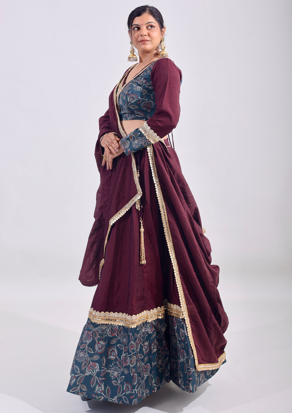 Elegance in Teal & Maroon Embroidered Cotton Silk Lehenga Set