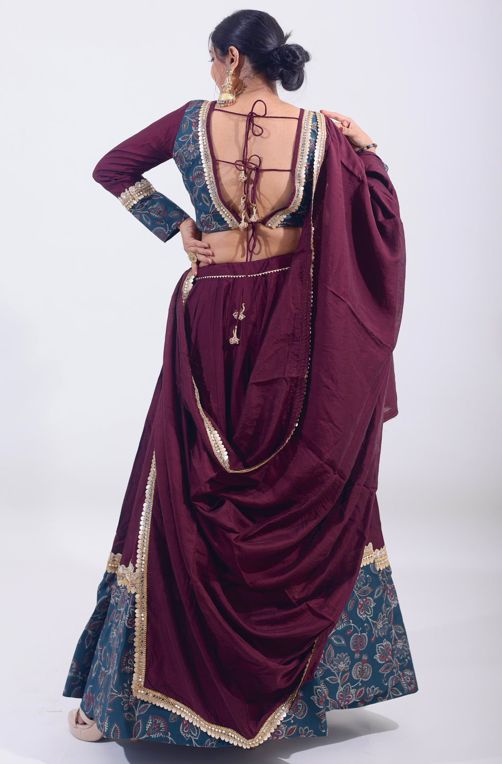 Elegance in Teal & Maroon Embroidered Cotton Silk Lehenga Set