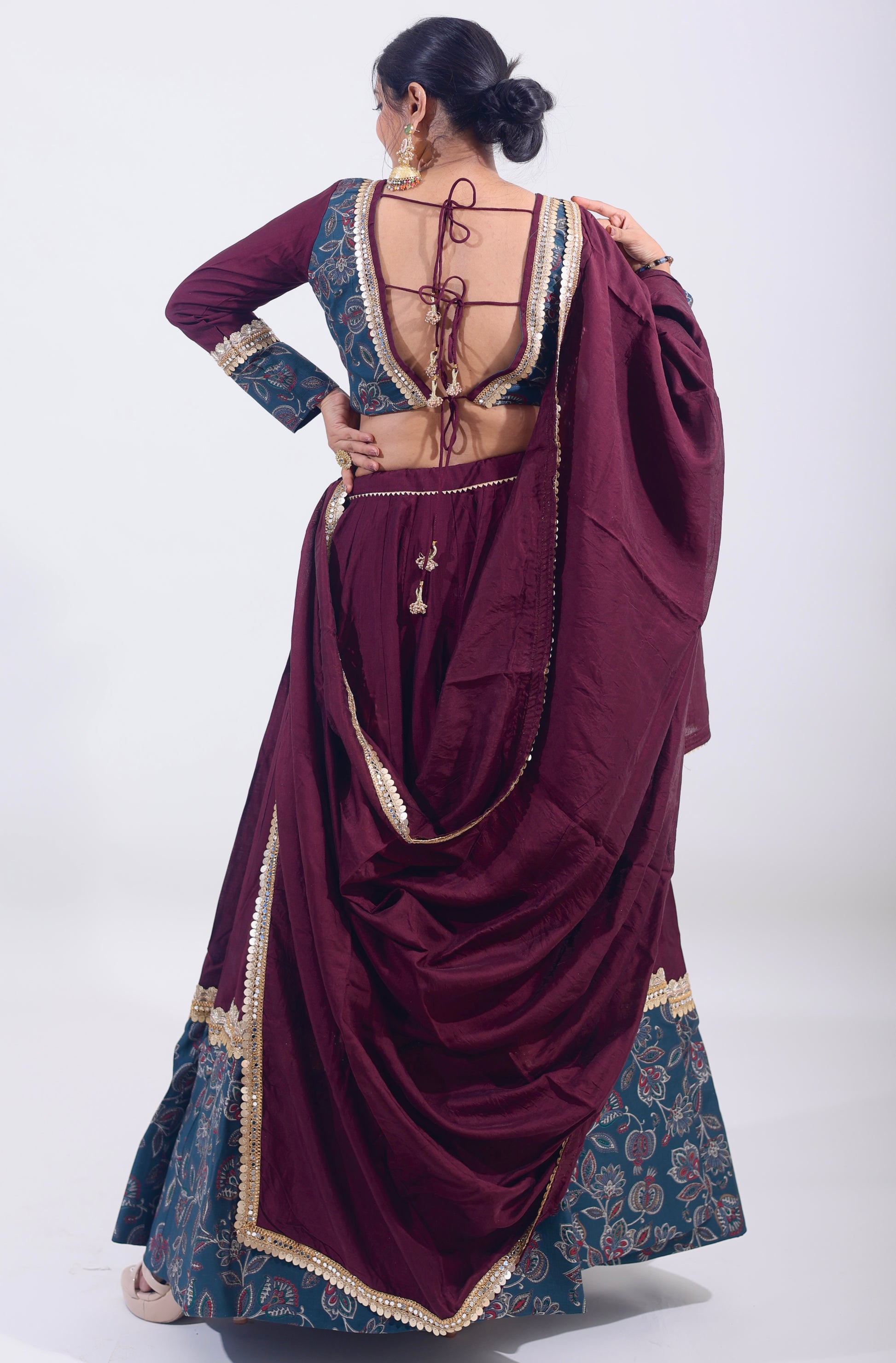 Elegance in Teal & Maroon Embroidered Cotton Silk Lehenga Set