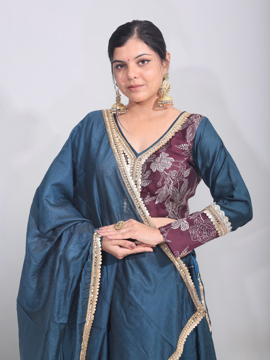Elegance in Teal & Maroon Embroidered Cotton Silk Lehenga Set