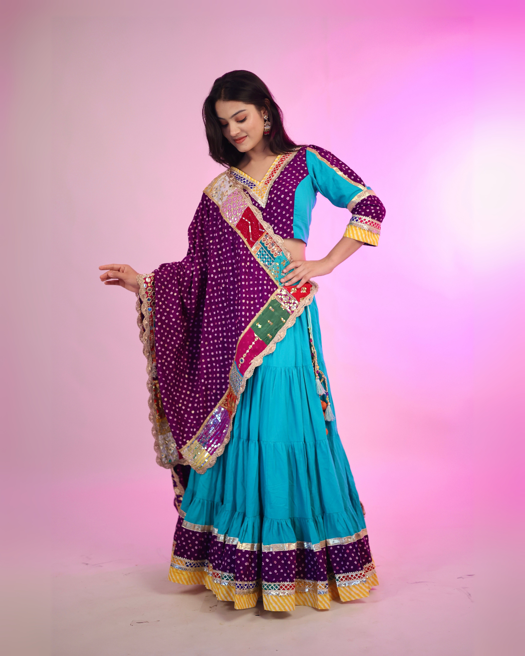 Elegant Blue & Purple Bandhani Chaniya Choli with Patchwork Dupatta