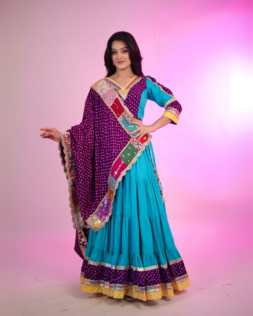 Elegant Blue & Purple Bandhani Chaniya Choli with Patchwork Dupatta