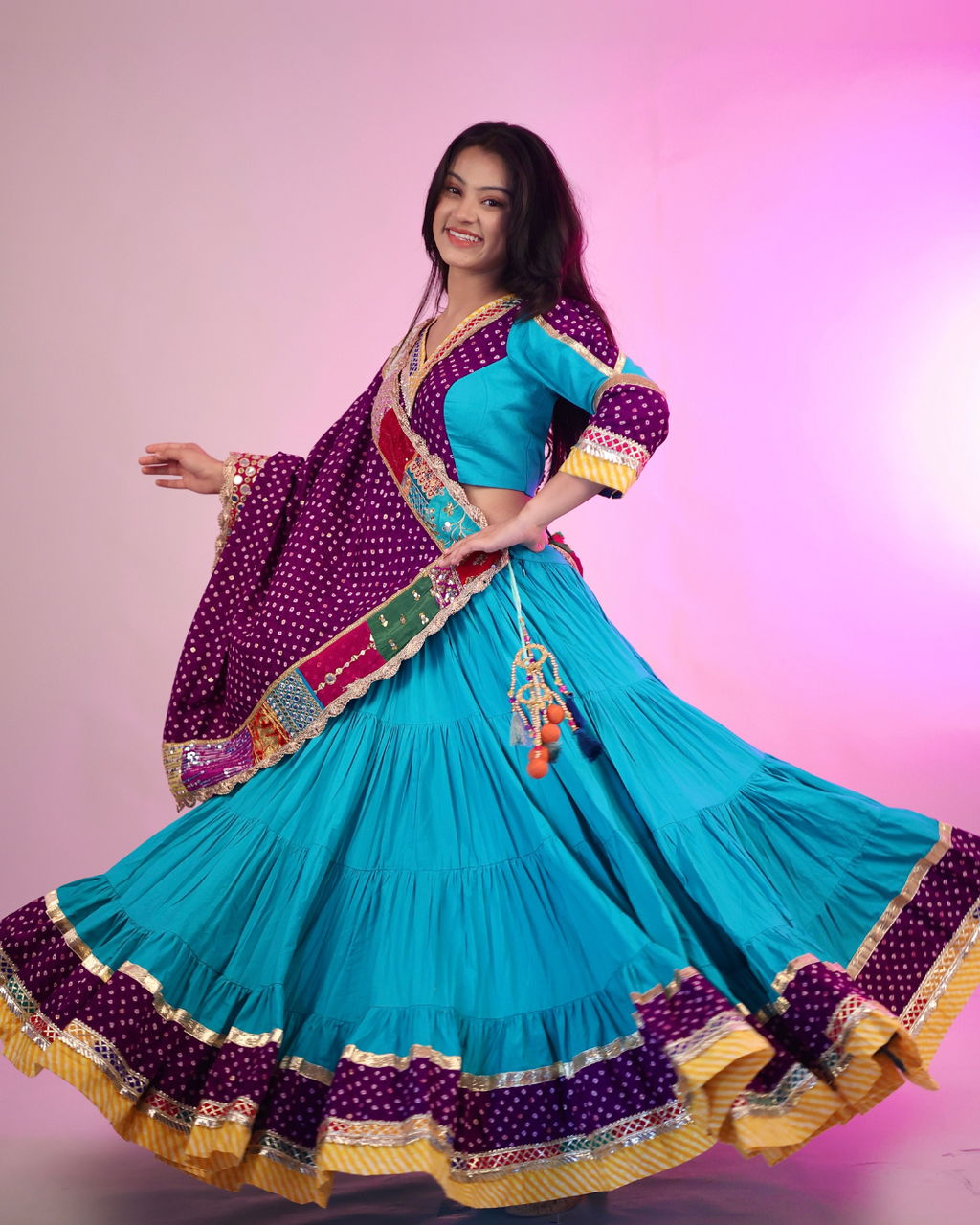 Elegant Blue & Purple Bandhani Chaniya Choli with Patchwork Dupatta