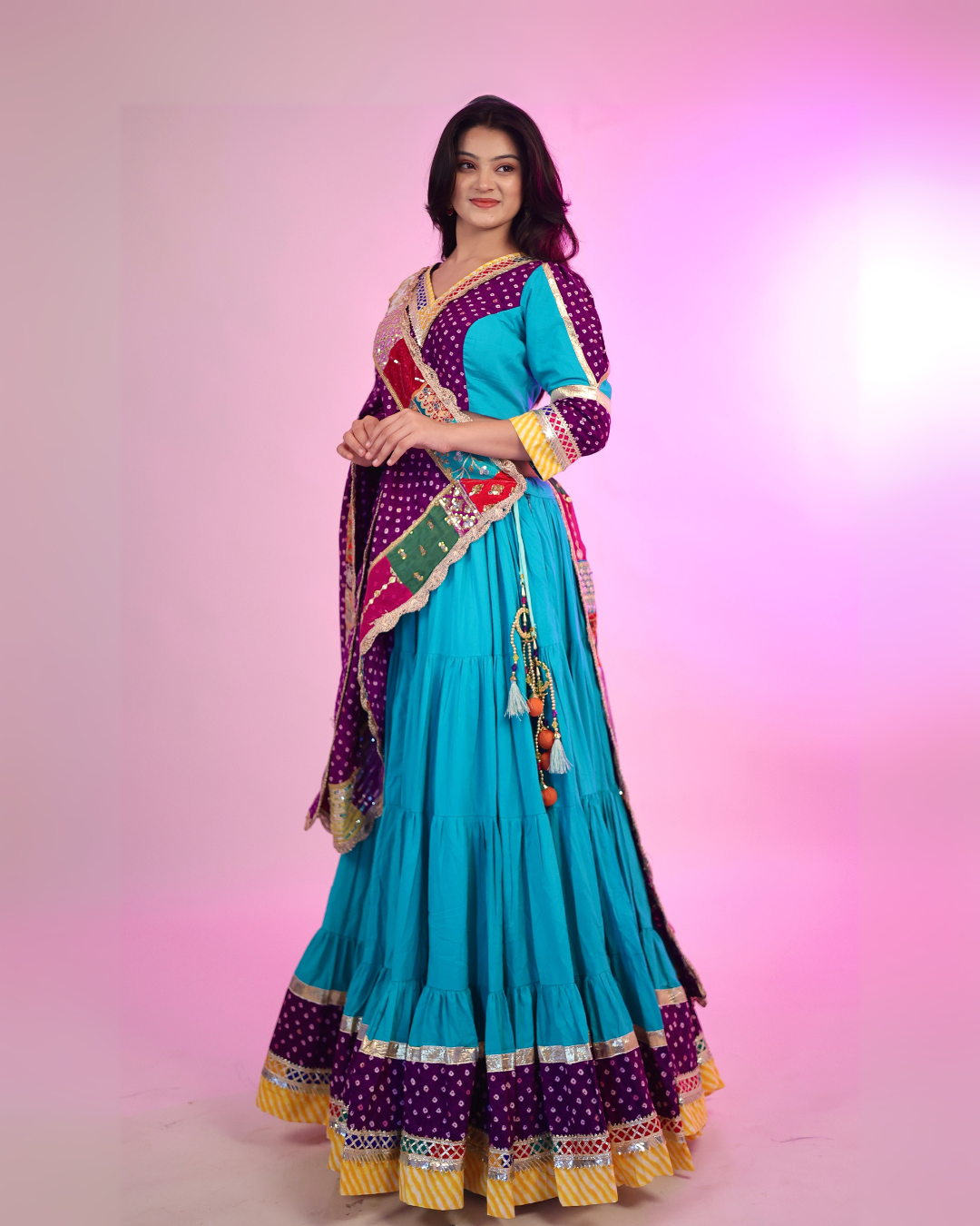 Elegant Blue & Purple Bandhani Chaniya Choli with Patchwork Dupatta