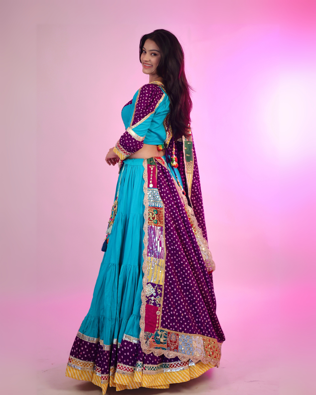 Elegant Blue & Purple Bandhani Chaniya Choli with Patchwork Dupatta