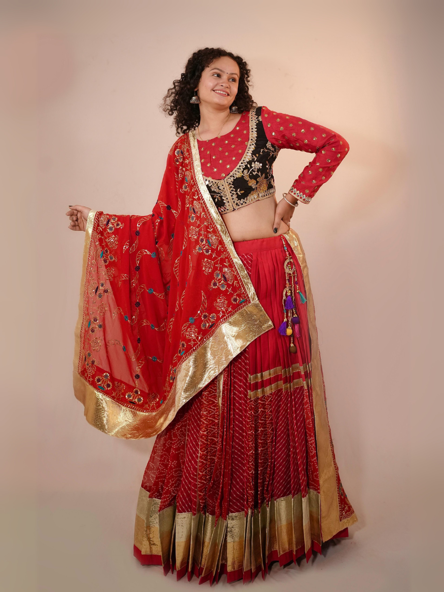 Festive Red & Black Velvet Embroidered Lehenga Set