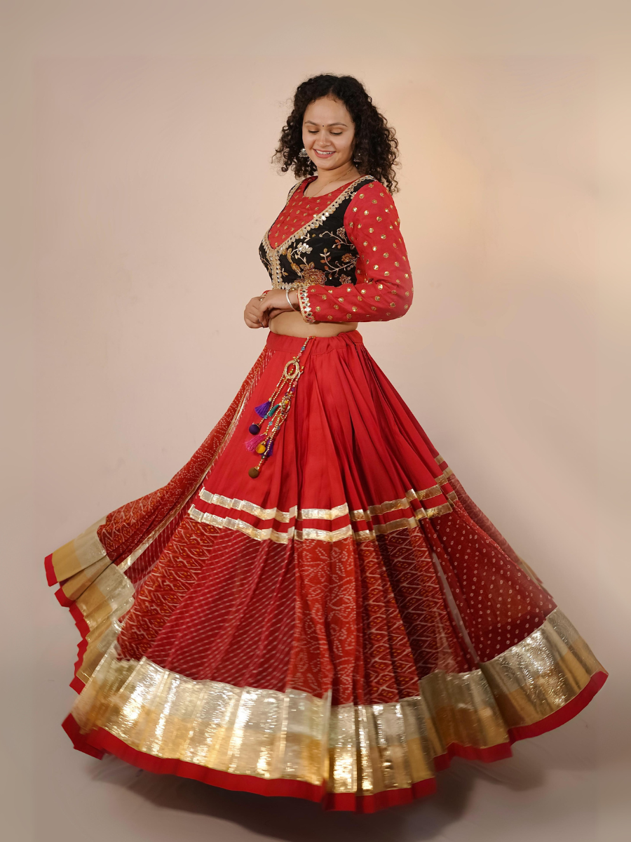 Festive Red & Black Velvet Embroidered Lehenga Set