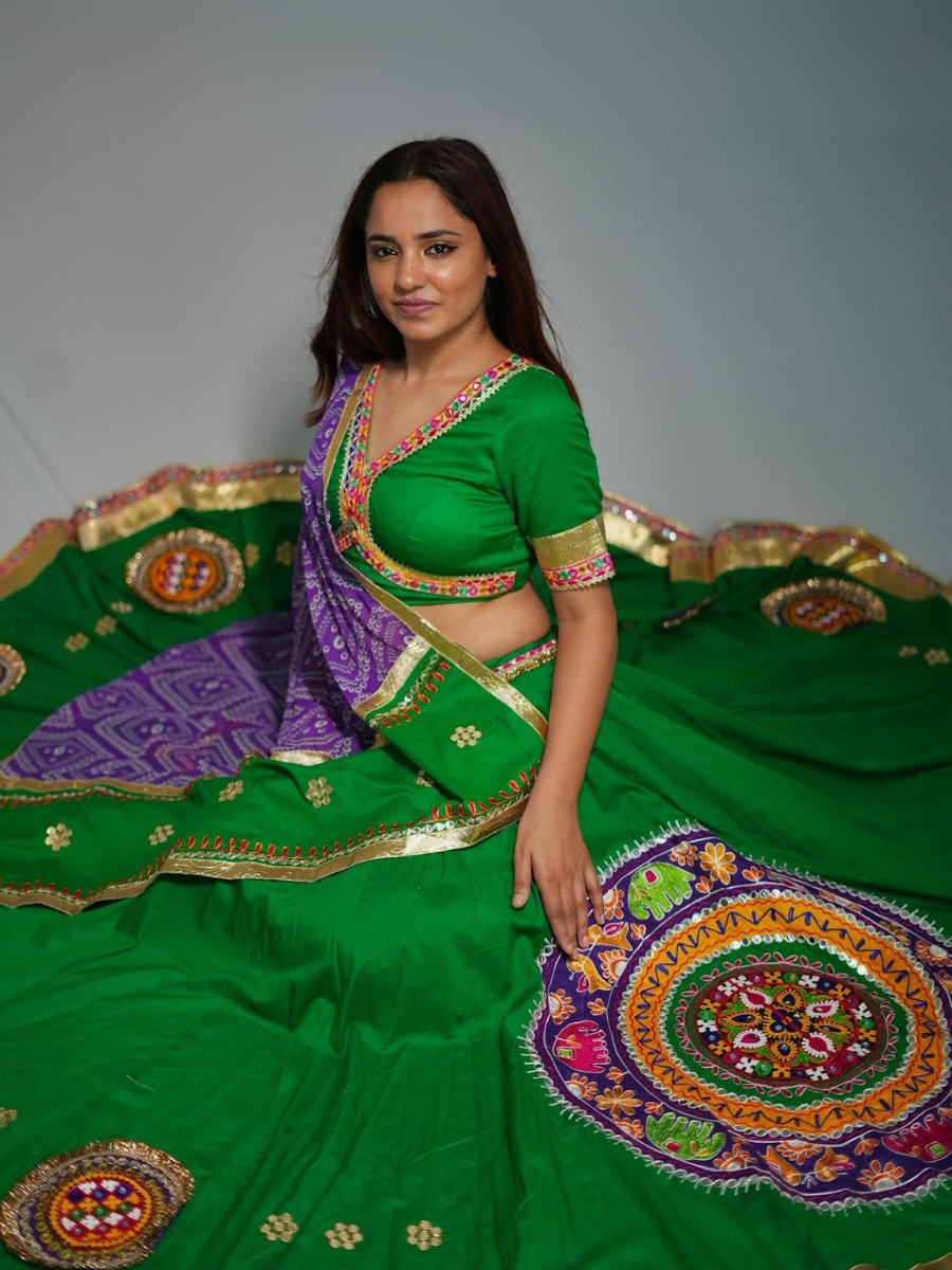 Green Kutchi Embroidered Lehenga with Purple Dupatta