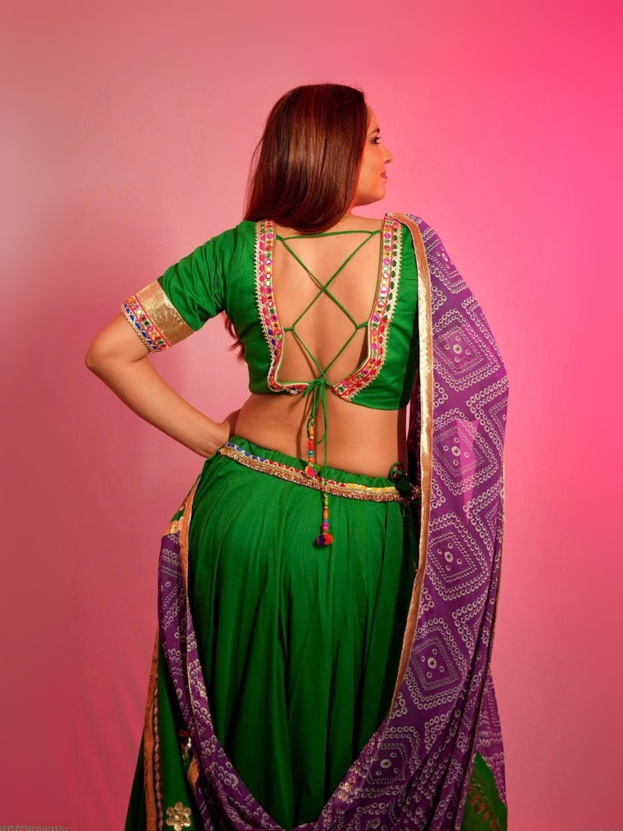 Green Kutchi Embroidered Lehenga with Purple Dupatta