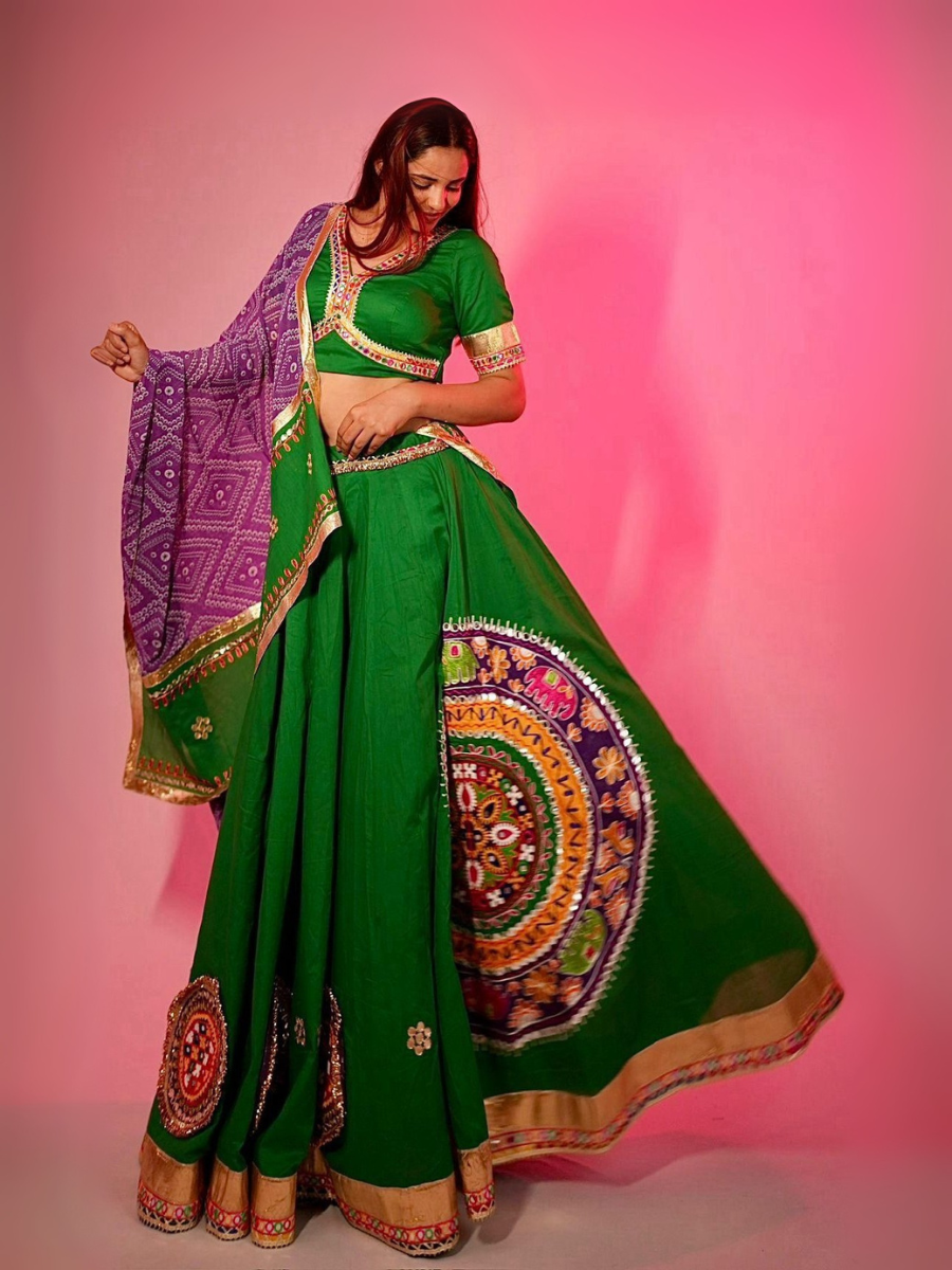 Green Kutchi Embroidered Lehenga with Purple Dupatta