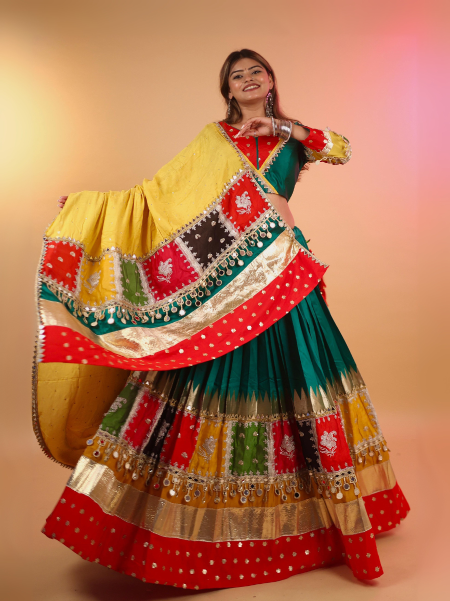 Green & Multicolor Patchwork Mirror Work Chaniya Choli with Yellow Dupatta