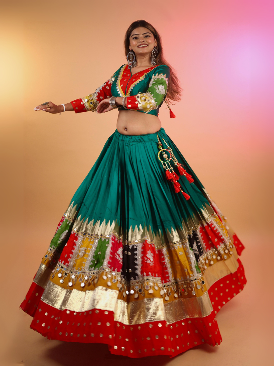 Green & Multicolor Patchwork Mirror Work Chaniya Choli with Yellow Dupatta