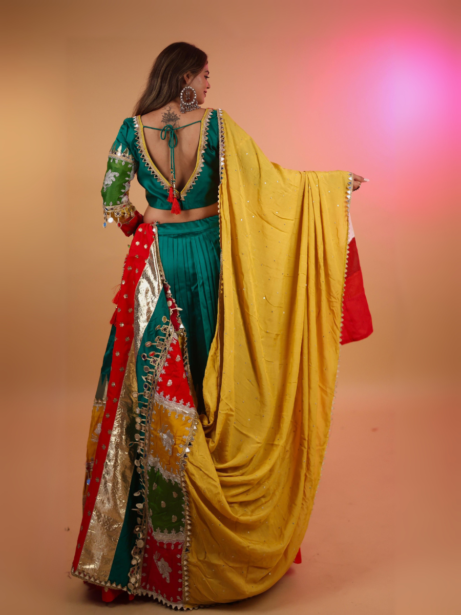 Green & Multicolor Patchwork Mirror Work Chaniya Choli with Yellow Dupatta