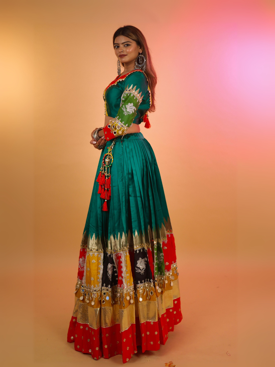 Green & Multicolor Patchwork Mirror Work Chaniya Choli with Yellow Dupatta