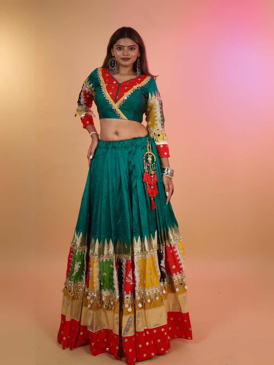 Green & Multicolor Patchwork Mirror Work Chaniya Choli with Yellow Dupatta