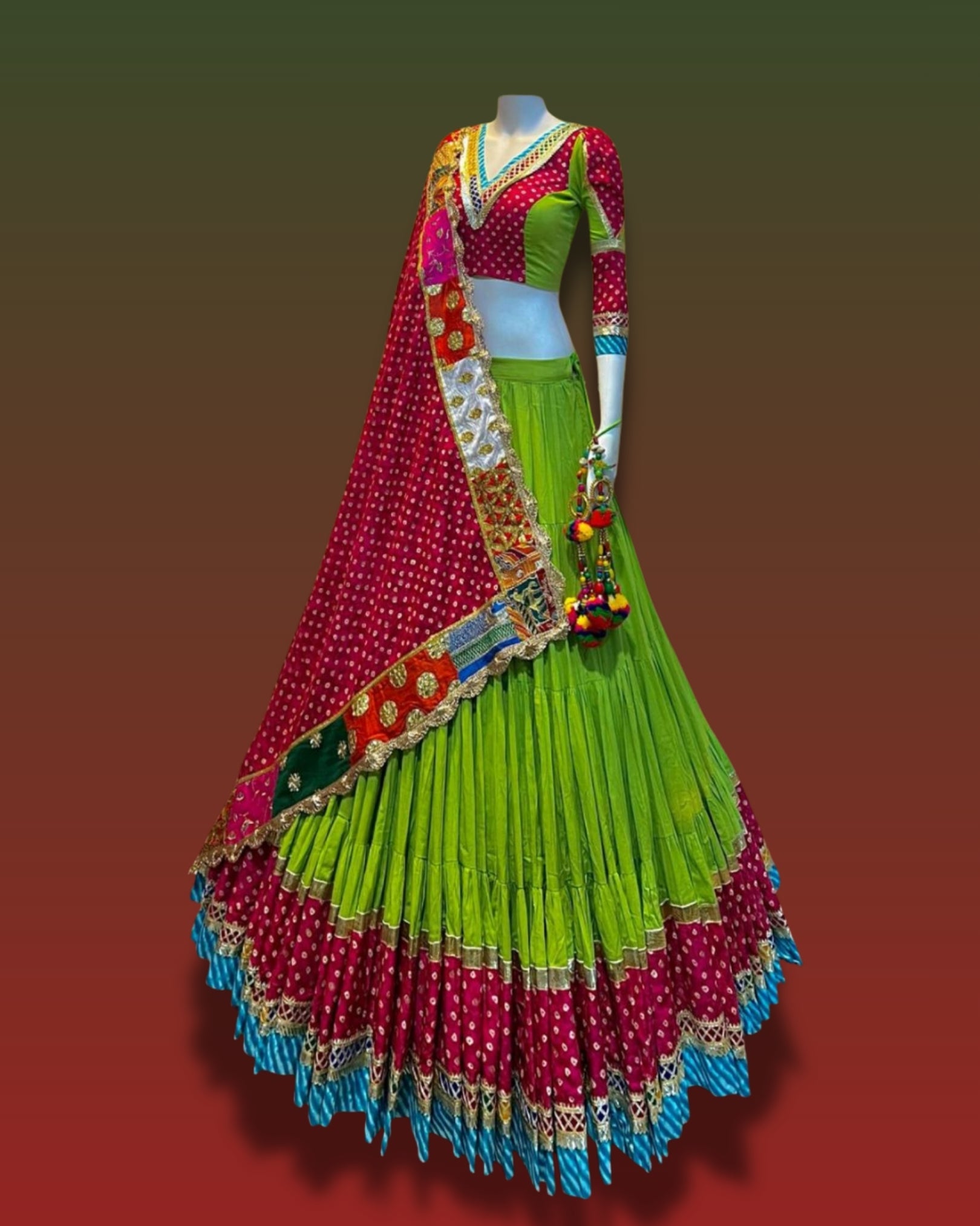 Green and Red Gujarati Navratri Chaniya Choli with Bandhani Print and Multicolor Patch Border