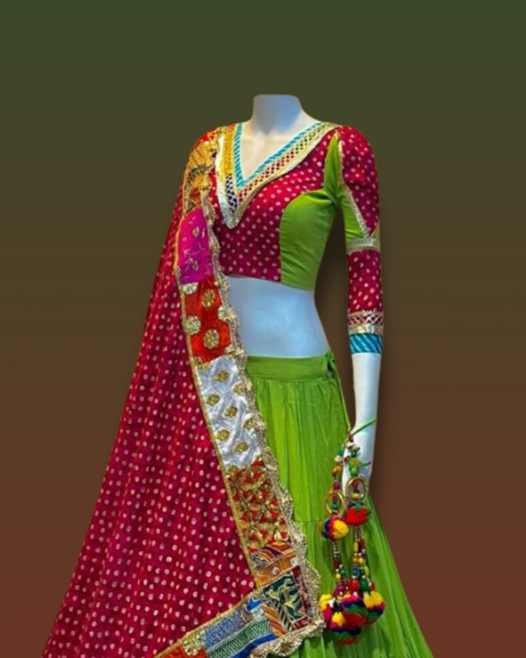 Green and Red Gujarati Navratri Chaniya Choli with Bandhani Print and Multicolor Patch Border