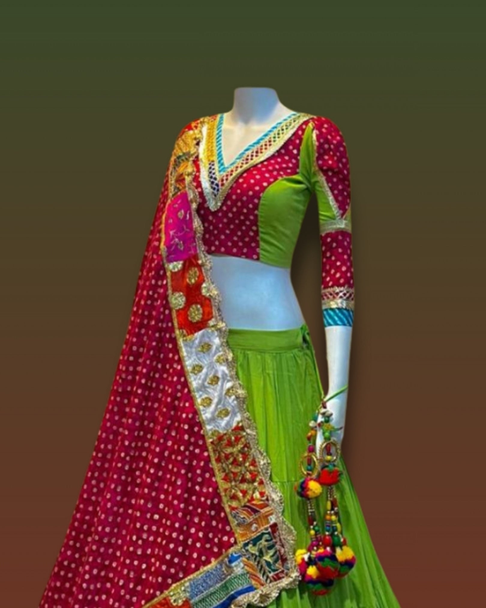 Green and Red Gujarati Navratri Chaniya Choli with Bandhani Print and Multicolor Patch Border