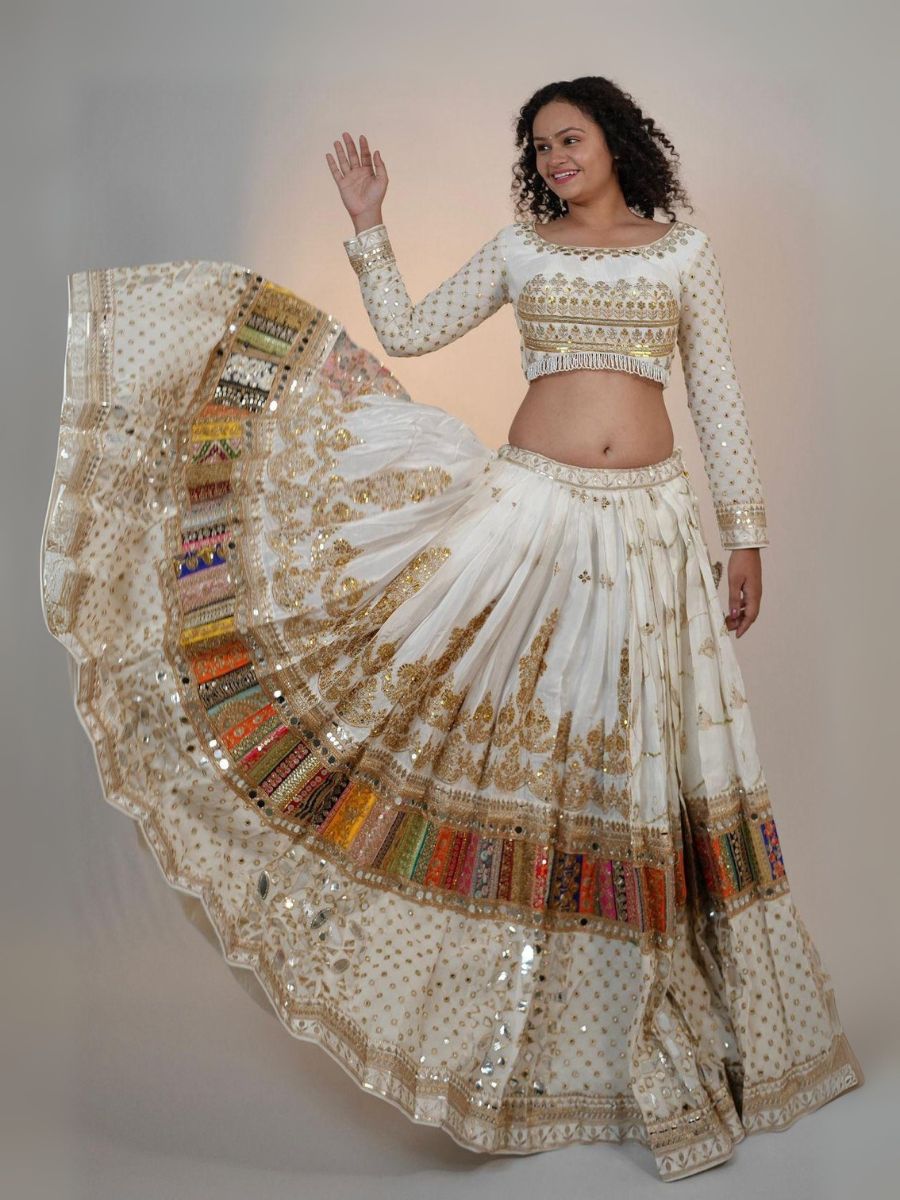 Ivory Gold Mirror Embroidered Lehenga with Multicolor Patchwork Border