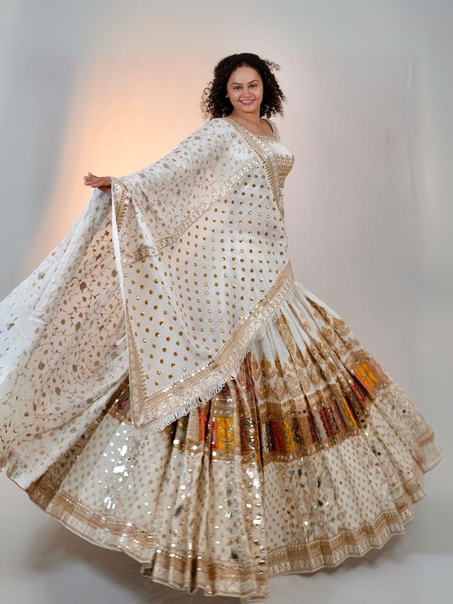 Ivory Gold Mirror Embroidered Lehenga with Multicolor Patchwork Border