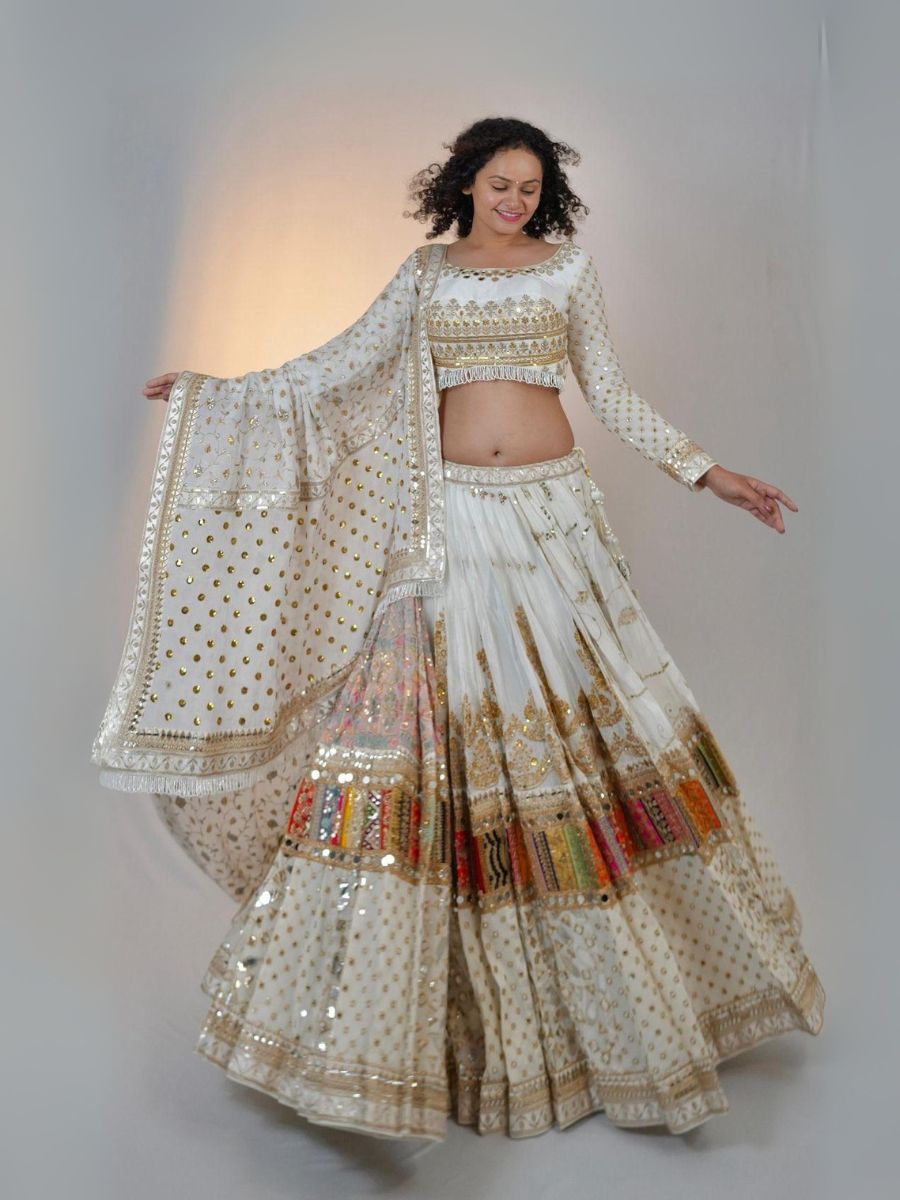 Ivory Gold Mirror Embroidered Lehenga with Multicolor Patchwork Border