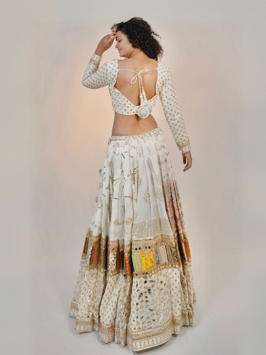 Ivory Gold Mirror Embroidered Lehenga with Multicolor Patchwork Border
