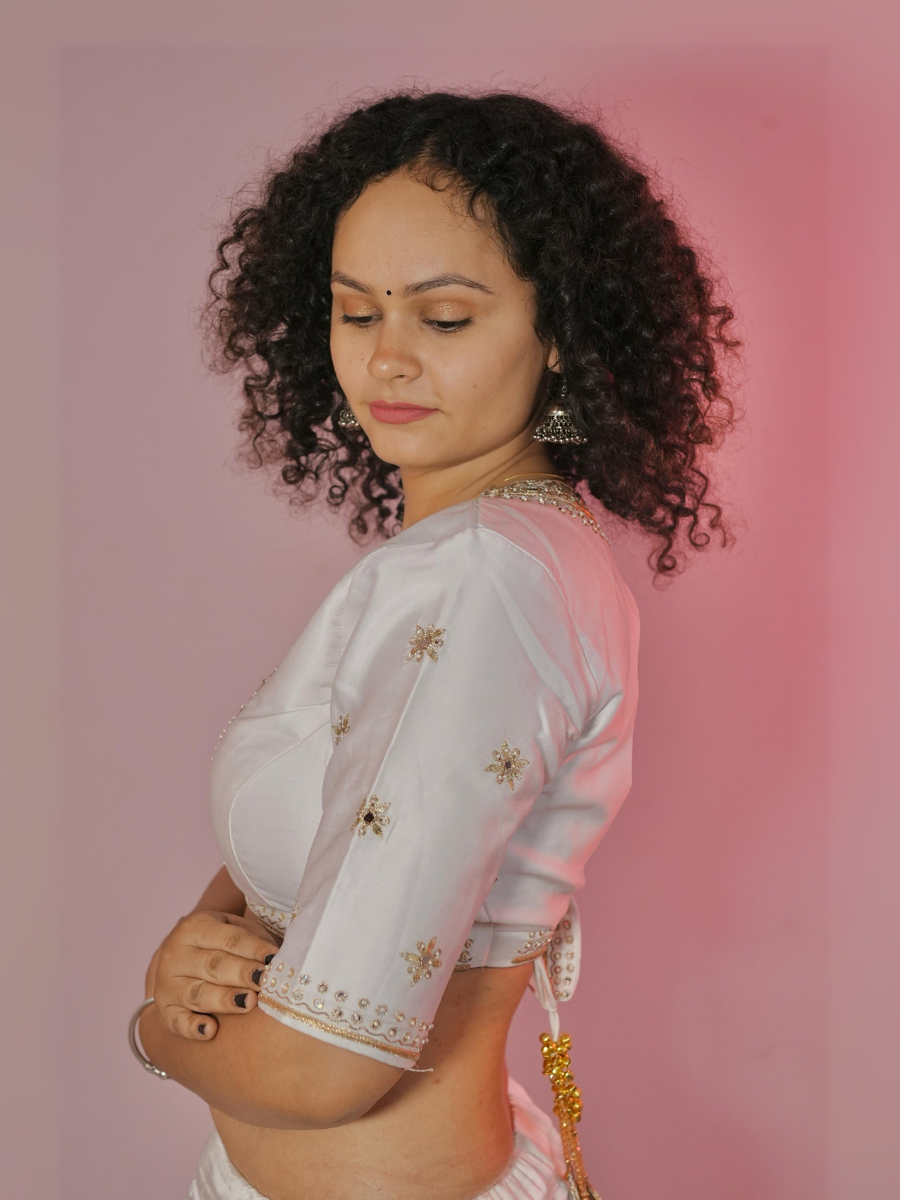 Ivory White Lehenga with Golden Zari Border & Subtle Mirror Accents