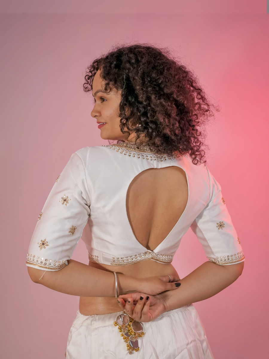 Ivory White Lehenga with Golden Zari Border & Subtle Mirror Accents