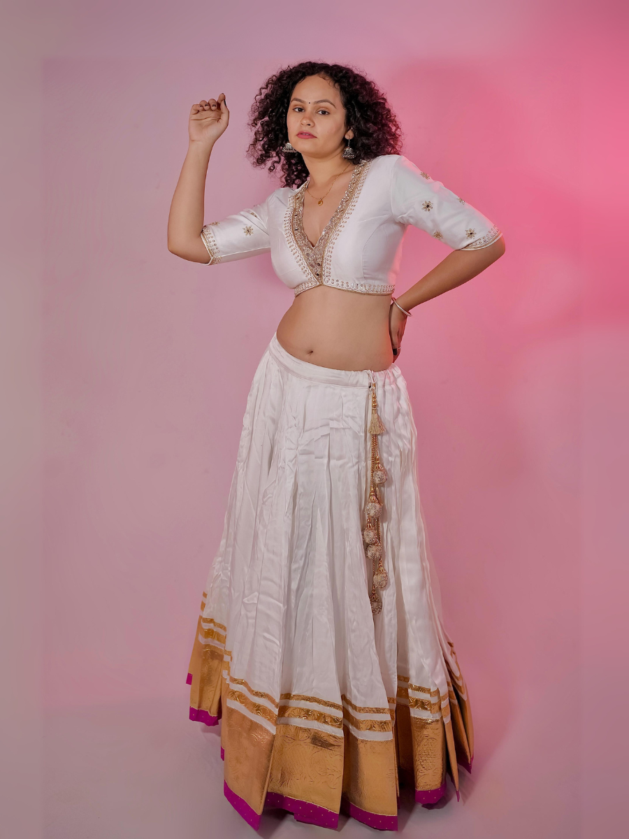 Ivory White Lehenga with Golden Zari Border & Subtle Mirror Accents